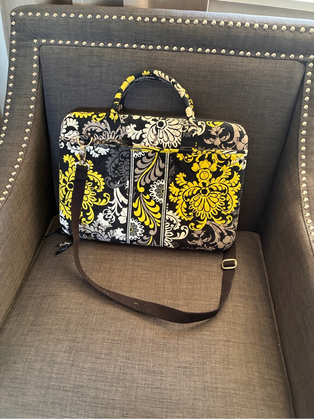 Vera Bradley Black, Yellow & Gray Quilted Floral Laptop Bag with Strap